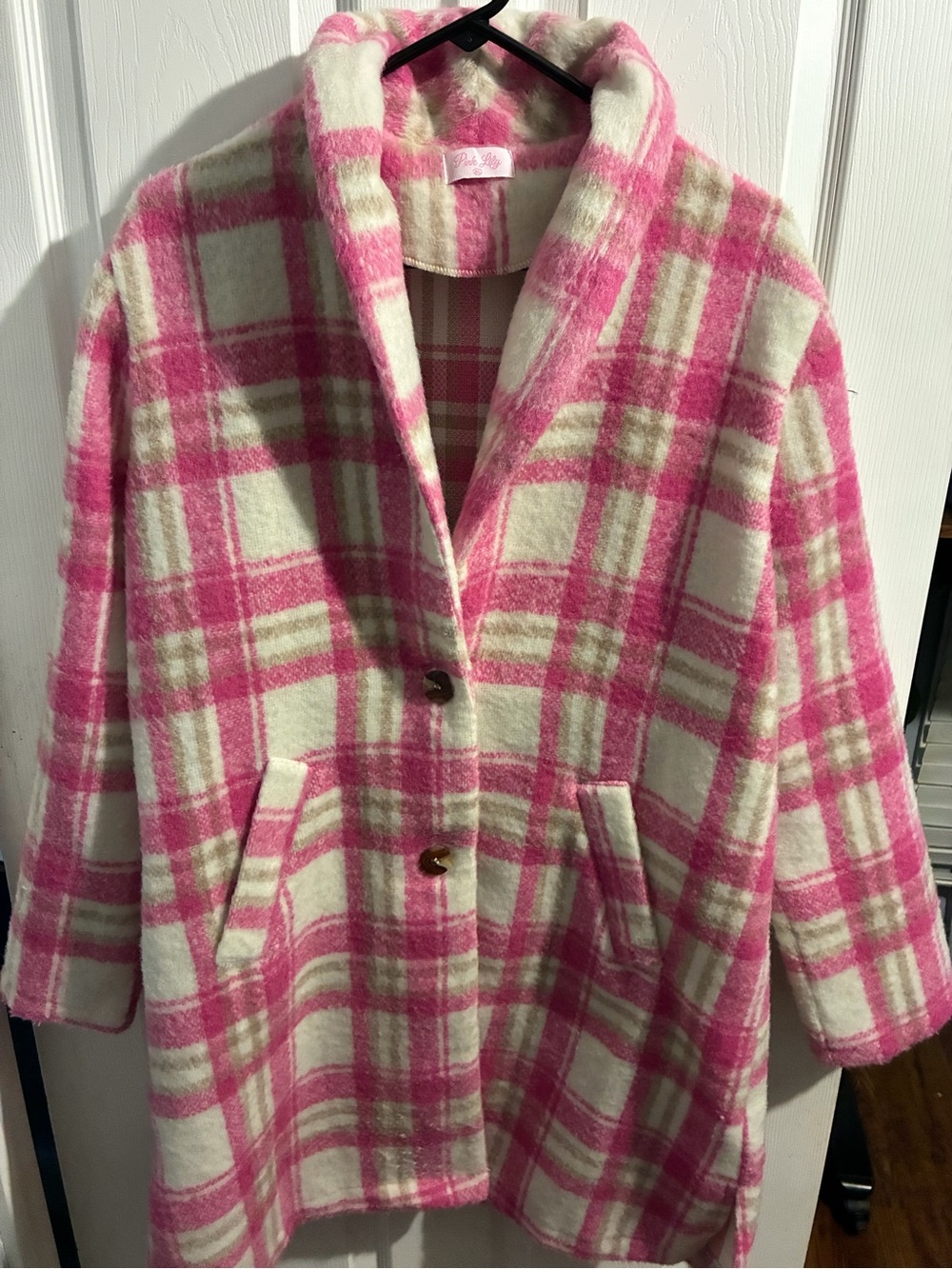 Pink Lily Pink & Cream Plaid Shawl-Collar Pea Coat